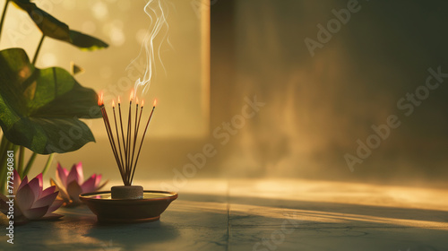 Vesak Day Tranquility: Incense Sticks & Lotus Display in Soft Lighting