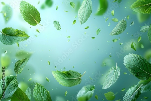 This is a light fresh effect on a blue background, giving menthol aroma to fresheners and cleansers. The air is flowing from mint leaves. A modern illustration.