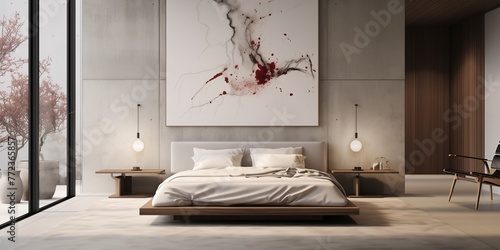 Serene simplicity meets artistic flair in a minimalist bedroom featuring a captivating back arts wall design.