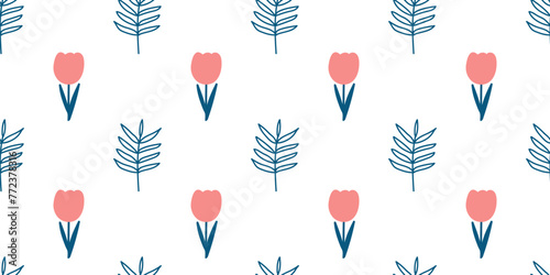 Colorful Flower seamless pattern illustration in Children style art. Floral doodle endless bright background funny simple nature shapes wallpaper. Spring child wrapping