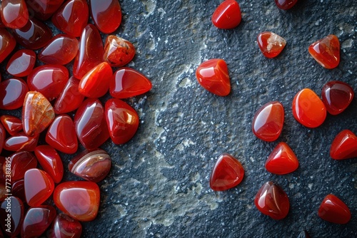 A collection of polished, red carnelian gemstones scattered on a dark, elegant surface