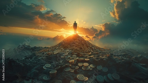 A lone figure standing atop a mountain of coins and bills, gazing out towards the horizon, representing the triumph of financial success.