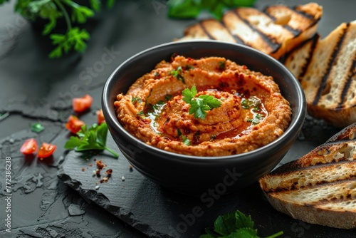 Beautiful homemade red hummus in a black bowl and dark background with toppings of grilled bread
