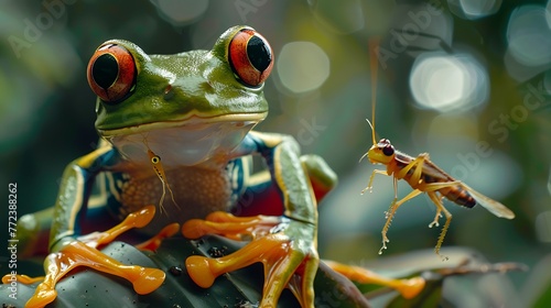 An exotic frog catching a cricket in the jungle animals are real and shot with super high speed strobe