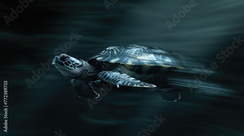 Moody lighting on a 3D turbo turtle, capturing its highspeed adventure in the dark