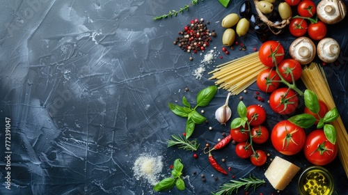 Tomatoes, Basil, Spaghetti, Mushrooms, Olives, Parmesan, Olive oil, Garlic, Peppercorns, Rosemary, Parsley on black background. Italian food background.