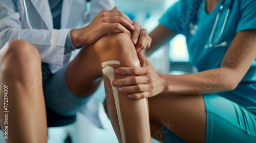 This naturalistic depiction of a physiotherapist engaging in hands-on treatment with a young athlete's injured knee promotes the holistic approach to orthopedic care