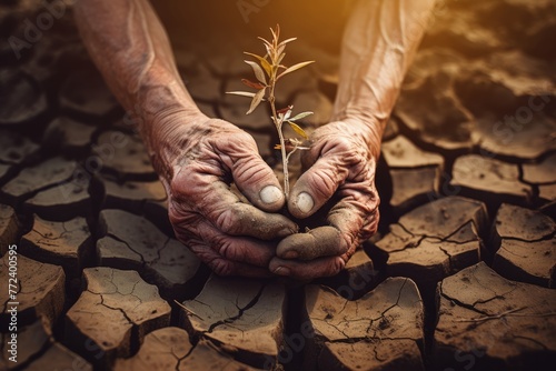 close up of a mature man hands holding protect a seedlings in a dry drought land