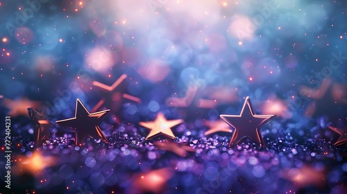 Conceptual extravagance brilliant stars on dull blue and purple background with lighting impact and spakle