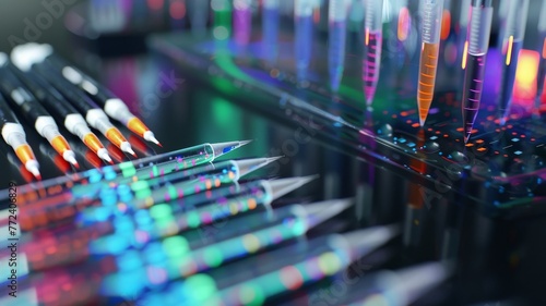 The process of electrophoresis in gel, used in DNA sequencing, visualized with colorful markers hyper realistic