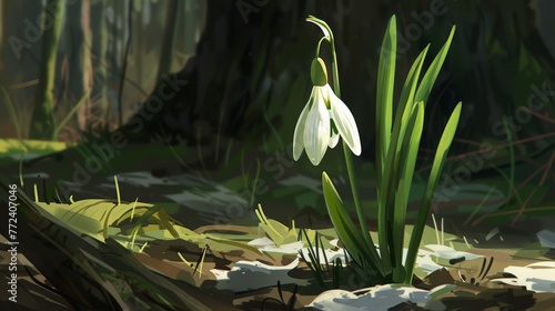  A digital depiction of a white bloom amidst woods, featuring leaf litter and verdant underbrush in the foreground