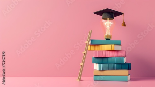 heap of books for studying and ladder leading to bulb in graduation cap for concept of education and university degree against isolated pink background