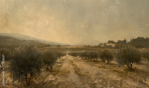 A painting from the 1850s portrays an olive field with historical imagery, featuring light brown and gray tones that evoke an atmosphere of chalky, dark beige, soft, and muted tones. 