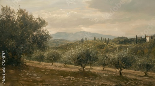 A painting from the 1850s portrays an olive field with historical imagery, featuring light brown and gray tones that evoke an atmosphere of chalky, dark beige, soft, and muted tones. 