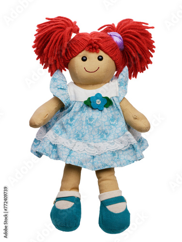 doll ragdoll red hair cute smiling standing isolated on white