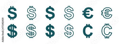 dollar, euro and cent icon set, simple design for graphic and business needs. vector eps 10.