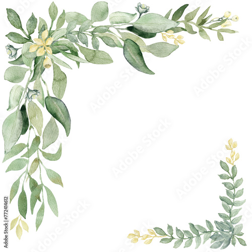 Frame with spring greenery, watercolor illustration with leaves on transparent background