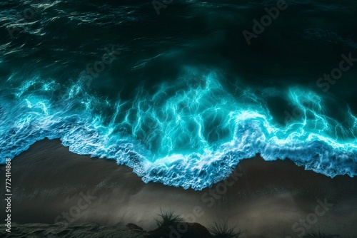 Sea and bioluminescent algae wave beach night top view