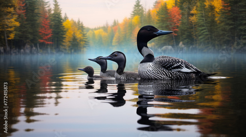 Loon duck and the baby group on the water, in the style of national geographic photo, loon family.
