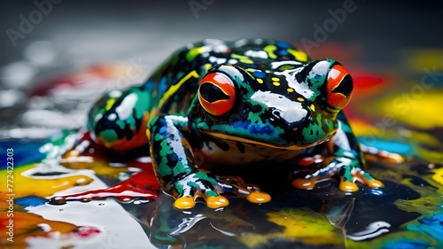 frog on a leaf. a colorful frog sitting on top of a puddle of paint