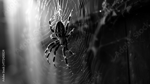 A black and white spider spinning a web in a corner. 