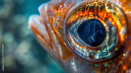 A close-up of a fish's eye reflecting the underwater world.