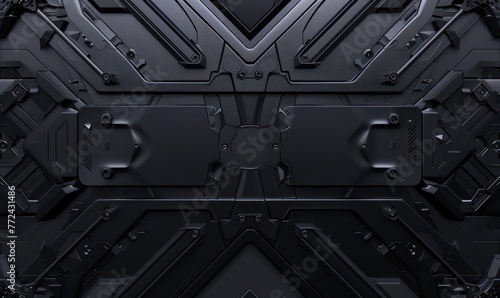 An intricate, symmetric pattern of armored plates, exuding strength and futuristic technology across a sleek, dark surface