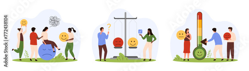 Stress level meter for customer feedback set. Tiny people control mood of emoticons from happy to neutral and sad faces with scales, characters support in mental problem cartoon vector illustration