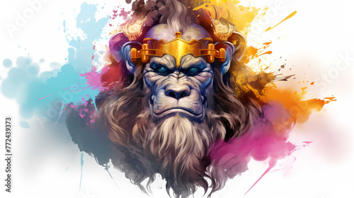 illlustration monkey king face , with crown gold , rainbow splash smoke Generate AI