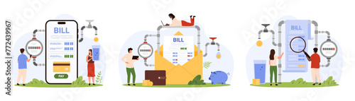Payment of utility services, water bill set. Tiny people pay for water consumption according to household meter reading, using paper letter invoice and magnifying glass cartoon vector illustration