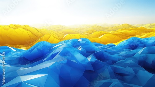 Polygonal blue yellow background. Abstract colors of ukrainian flag. Geometric hills with 3d render mesh. Triangular digital textures stacked in creative formations with futuristic