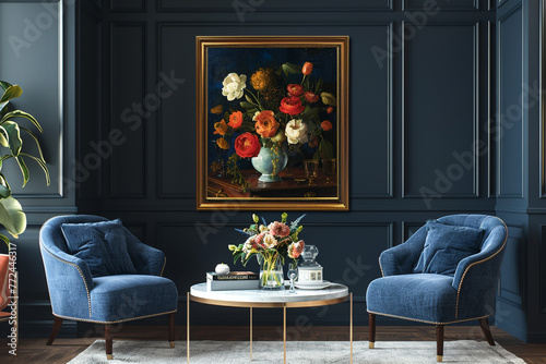 A classic, mahogany frame with a high-gloss finish, presenting a sophisticated still life painting, against a deep navy wall in an elegant gallery lounge.