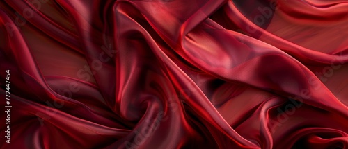 Luxurious burgundy satin fabric flows in soft waves and elegant folds, showcasing the rich texture and warm tones of the material.