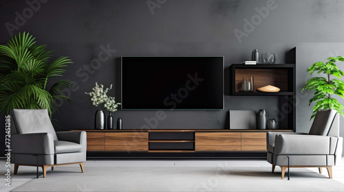 Luxury Living Room Interior With Empty Screen Television Se 3D Render , Generate AI