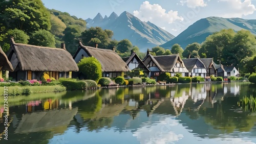 A serene lakeside village with thatched cottages, blooming gardens, and swans gliding over the calm water