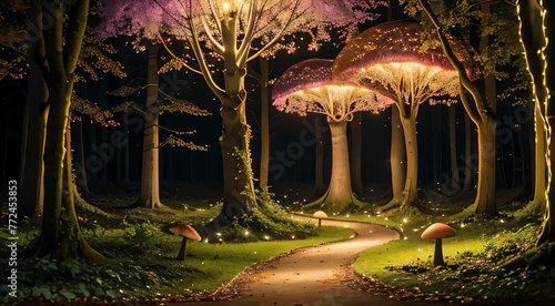 An enchanted forest where trees have colorful leaves and the ground is covered with luminescent mushrooms and fairy lights