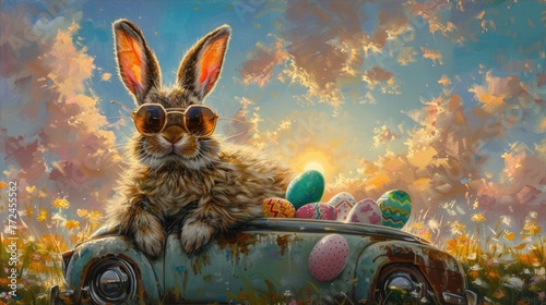 Charming Easter Bunny Relaxing Amidst Colorful Eggs in Vintage Automobile Against Sunset Skyscape