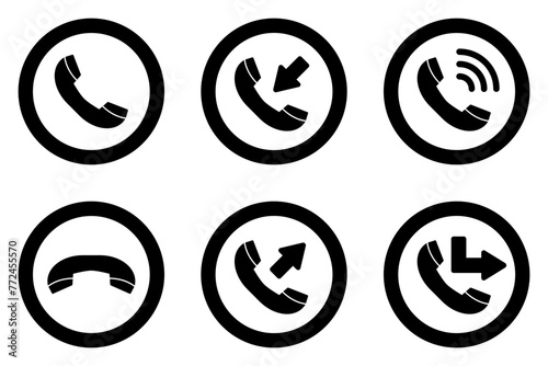 Phone call black outline vector icons set. Answer and decline symbols. Incoming and outgoing call signs. Talking and redirect buttons.