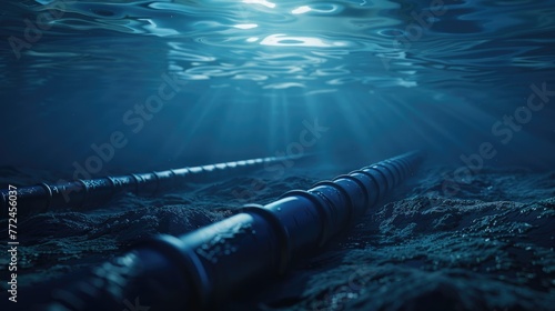 Hyperrealistic view of global communication, a submarine fiberoptic cable under moody oceanic light