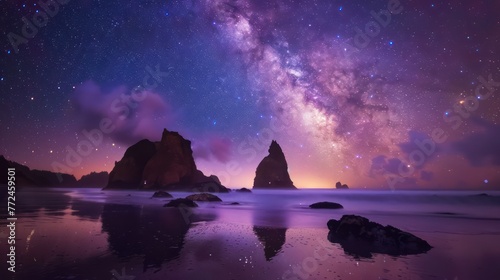 A breathtaking view of the Milky Way galaxy stretching over a peaceful beach with prominent rock formations and soft ocean tide under a starlit sky