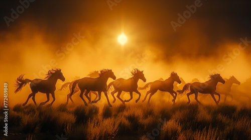 Wild horses running in Sierra Nevada, dynamic, dust flying, sunset backlight, wide shot, freedom essence