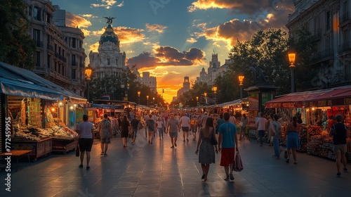 A vibrant Madrid street market, bustling, under soft sunset light, wide-angle view, vivid colors