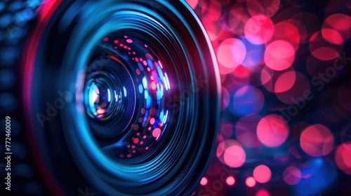 A detailed close-up of a camera lens, surrounded by vivid LED bokeh lights, portraying technological advancement and photography concepts