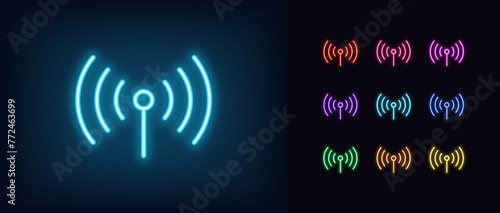 Outline neon antenna signal icon set. Glowing neon antenna with radio waves. Wireless signal and network, Wifi internet, broadcast signal and telecom tower, cellular communication. Vector icon set