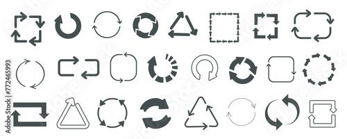 Loading symbols mega set in flat graphic design. Collection elements of different rotate arrows in circle, square or other. Turning, reusing, recycling, progress, rotation signs. Vector illustration.
