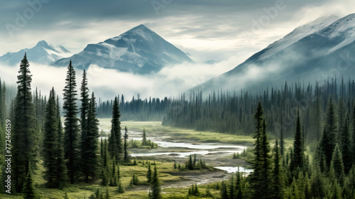 Panorama , Alberta wilderness near Banff , Mist rises over the forest in Banff National Park Alberta , Generate AI