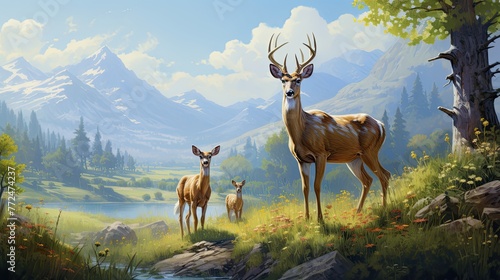 A family of deer grazing in a meadow, their peaceful movements radiating serenity and calm