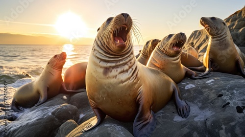A group of seals basking on the rocks, their sleek bodies glistening in the sun and their playful barking echoing across the shore