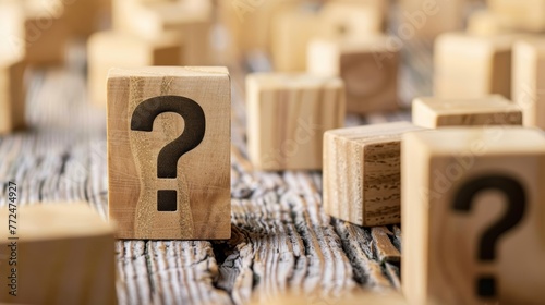 Wooden block with question mark on a textured wood background surrounded by blurred cubes.