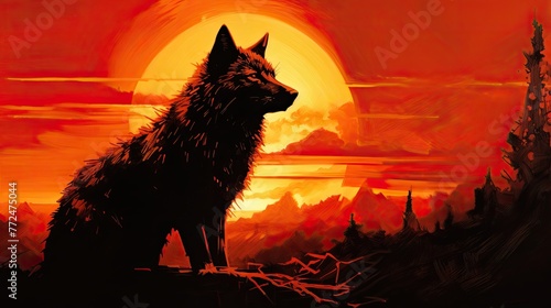 A lone wolf silhouetted against a fiery sunset, its fur shimmering in the golden light
